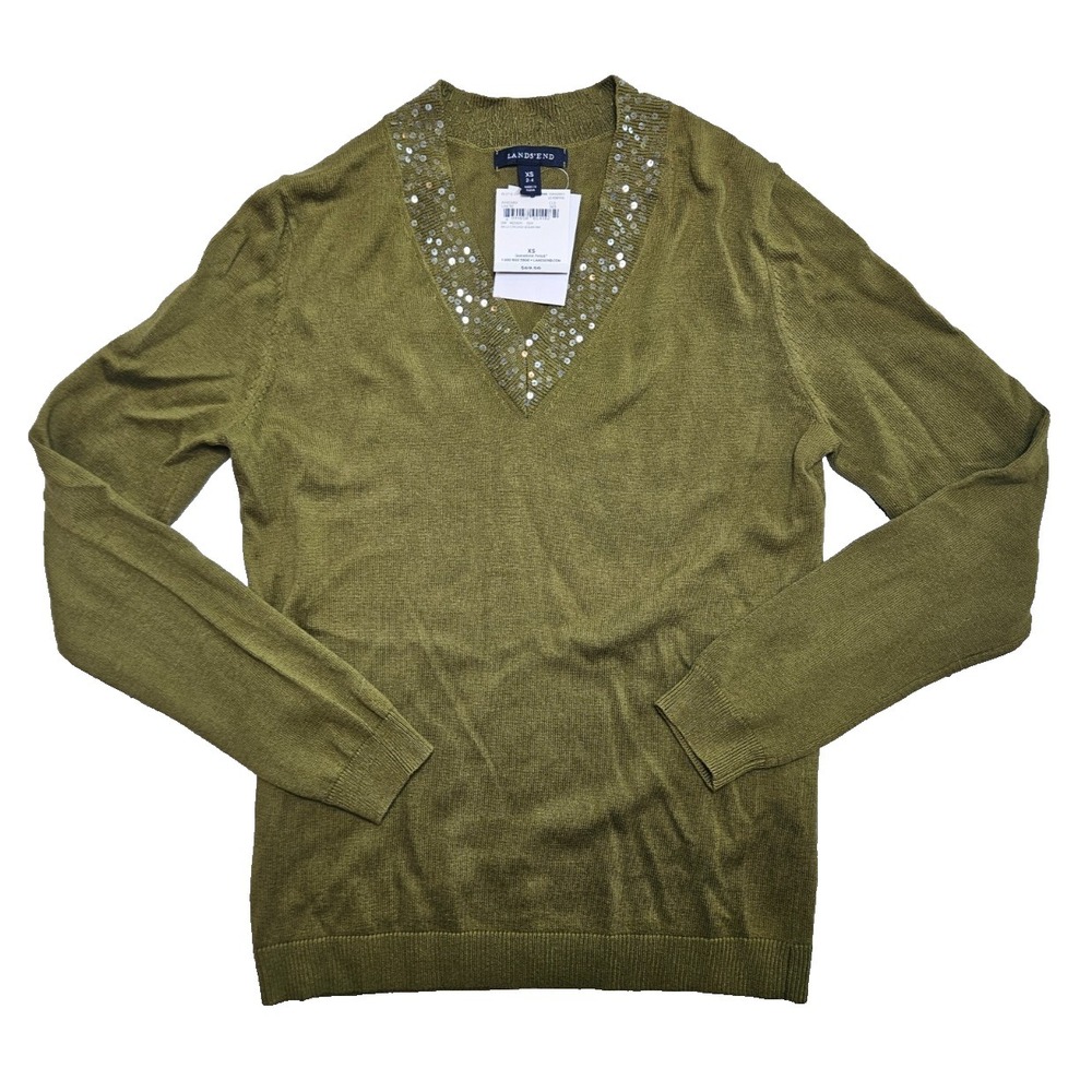 NWT Lands End Sweater Womens XS Green Cotton Cashmere Sequin V Neck Knit Top